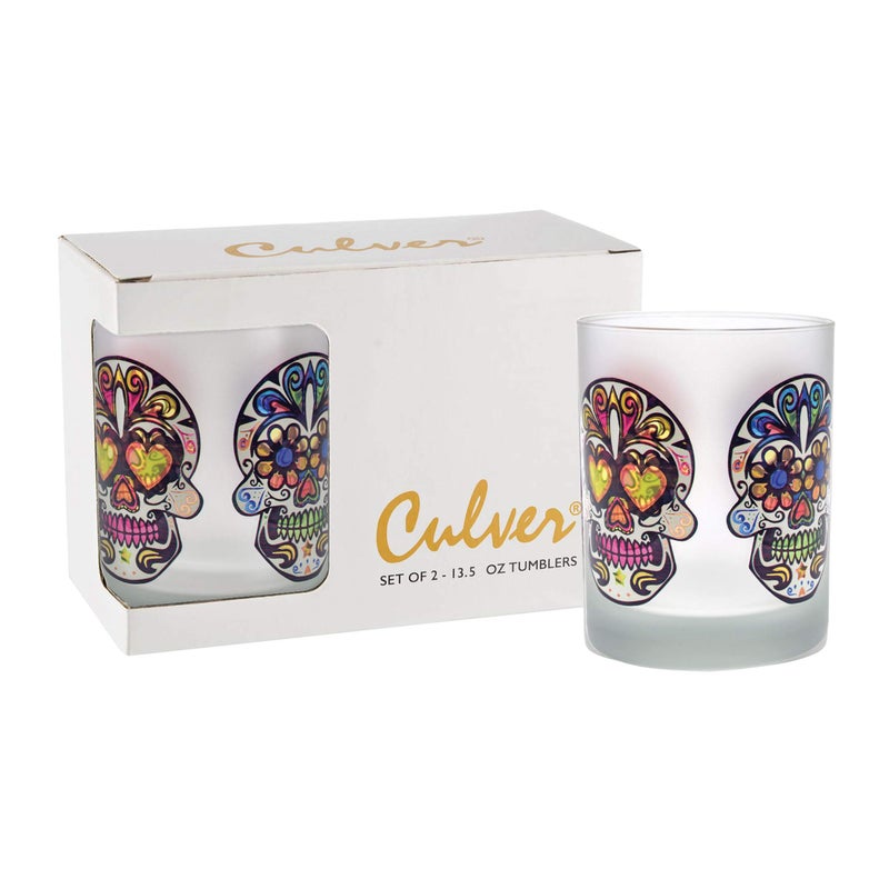 Culver Festive Sugar Skulls Decorated Double Old Fashioned Tumbler Glasses, 13.5-Ounce, Gift Boxed Set of 2 (Frosted) - Image 1